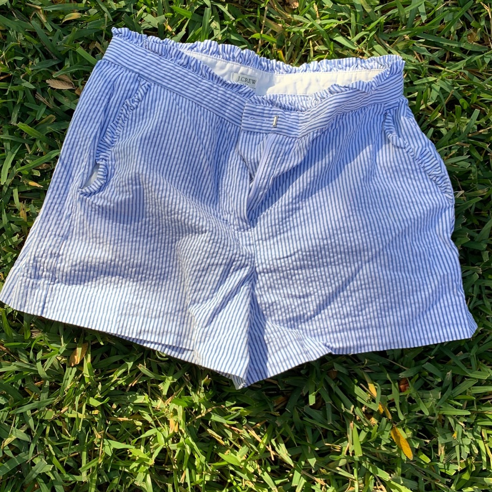 JCrew blue seersucker ruffle shorts